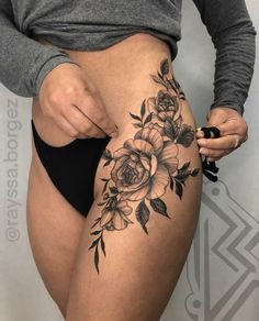 Woman’s Hip Tattoo, Dainty Feminine Tattoos Sleeve, Both Thigh Tattoos Women, Tattoo Ideas Hip Thigh Piece, Full Calf Tattoos For Women, Hips Tatoos, Rose Tattoo Thigh Hip, Thigh And Hip Tattoo Women, Thigh Side Tattoos Women