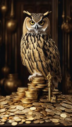 an owl sitting on top of stacks of coins