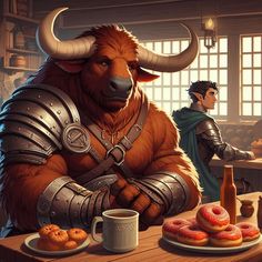 a painting of a bull sitting at a table with donuts