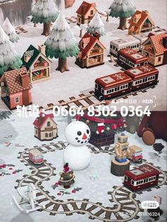 there is a fake snowman in the middle of this christmas scene with train tracks and houses