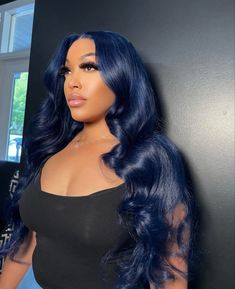 Navy Blue Hair Outfits, Navy Blue Hair Black Women, Dark Blue Wigs For Black Women, Dark Blue Wig, Blue Hairstyles, Midnight Blue Hair, Blue Lace Front Wig, Blue Wigs, Blue Black Hair