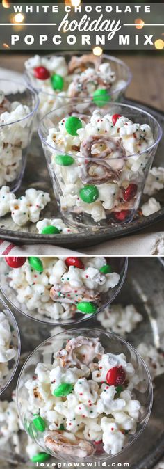 white chocolate popcorn mix with candy and candies in glass bowls on a tray, ready to be eaten