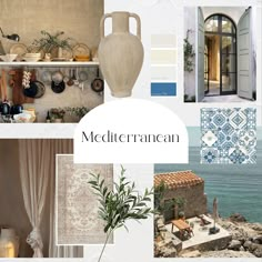 a collage of photos with the words mediterranean in white and blue, including an open door