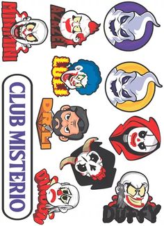 various cartoon characters are shown on the back of a sticker sheet, including clowns and