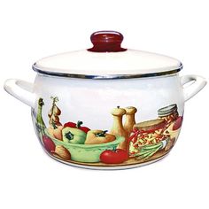 a casserole with an image of food on the side and lid, sitting in front of a white background