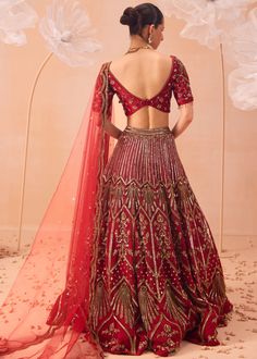 A dreamy lehenga with intricate floral and geometric embroidered motifs, paired with butta work blouse and scalloped hand embroidered dupatta. Embroidered Bridal Lehenga, Pre Bridal, Blouse Lehenga, Lehenga Dupatta, Embroidered Motifs, Vacuum Storage, Red Lehenga, Indian Wedding Wear, Embroidered Dupatta