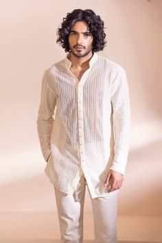 Cream short shirt kurta with front buttons and mandarin collar. - Aza Fashions Kurta Shirt For Men, Kurta Designs Men's, Short Kurta For Men, Short Kurtas, Simple Kurti, Kurta For Men, Kurta Men, Mens Kurta Designs, Short Kurta