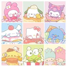 four different pictures of hello kitty and other cartoon characters