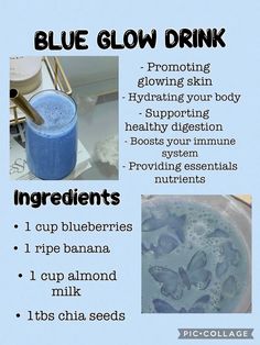 the ingredients for blue glow drink are shown in this poster, with information about how to use it