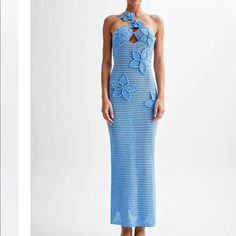 Blue Crochet Flower Maxi Dress Brand New/Nwt Size: Small Us:4 Bust (In): 34 Waist (In): 27 Length (In): 47 Fabric: 100% Acrylic It Is See-Through But Can Be Used As A Coverup Or A Cute Night Out Dinner Blue Fitted Halter Neck Maxi Dress, Blue Fitted Maxi Dress For Garden Party, Blue Halter Neck Dress For Garden Party, Fitted Light Blue Maxi Dress For Vacation, Light Blue Fitted Maxi Dress For Beach, Blue Halter Neck Maxi Dress For Garden Party, Fitted Light Blue Maxi Dress For Beach, Flower Maxi Dress, Crochet Maxi Dress