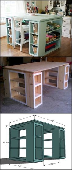 the plans for an office desk are shown in two different views, one with shelves and drawers