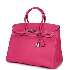 This Candy Birkin 35 is in Rose Tyrien epsom leather with palladium hardware and has contrast stitching, front flap with two straps, front toggle closure, clochette with lock and two keys, double rolled handles.The interior is lined in Tosca chevre leather with one zip pocket with an Hermes engraved zipper pull and an open pocket on the opposite side.Collection: O squareOrigin: FranceCondition: Pre-owned; Mint- This bag retains its shape. There's plastic on the hardware. The interior and exterior leather is clean with no signs of wear. Minor creasing to the sides of the bag.Accompanied by: Hermes dustbag, clochette, lock, two keys, clochette dustbag, rainhat, felt, carebookMeasurements: 13.75" width x 11" height x 7" depth; 4.25" handle drop Pink Epsom Leather Bag For Everyday Use, Luxury Pink Bag With Lock, Luxury Pink Bags With Lock, Pink Leather Bag With Lock, Designer Pink Epsom Leather Bag, Elegant Pink Epsom Leather Bag, Classic Pink Epsom Leather Bag, Elegant Pink Bag With Lock, Formal Pink Epsom Leather Bag