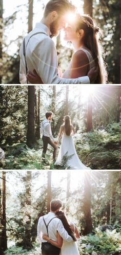 the bride and groom are standing in the woods