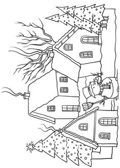 a black and white drawing of a house with trees in the front, on top of it