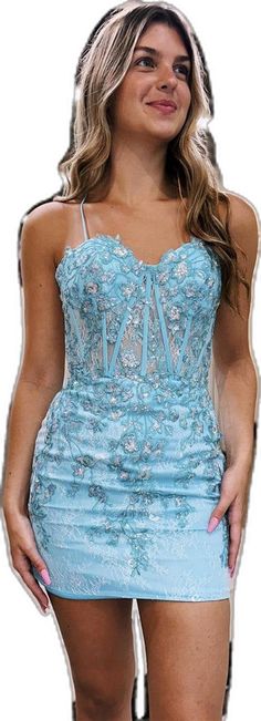 Blue Fitted Bodice Mini Dress For Homecoming, Blue Knee-length Mini Dress For Prom, Light Blue Spaghetti Strap Homecoming Dress, Light Blue Mini Dress For Homecoming And Prom, Light Blue Mini Dress For Homecoming Prom, Light Blue Mini Dress For Homecoming Prom Season, Light Blue Mini Dress For Homecoming During Prom Season, Elegant Light Blue Mini Dress For Prom, Light Blue Fitted Mini Dress For Prom