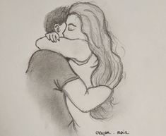 a pencil drawing of a woman hugging a man's head with his arm around her neck