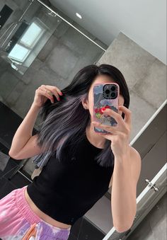 Ash Grey Peekaboo Hair, Purple Faded Hair, Black Hair With Small Highlights, Hidden Light Hair, Purple Ash Hair Color, Ash Gray Hair Color Short Hair, Under Lights Hair, Hair Peg, Ash Purple Hair