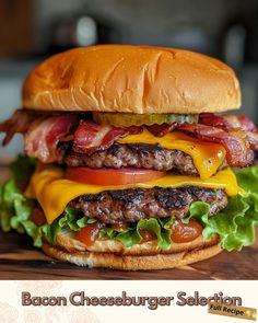 a bacon cheeseburger with lettuce and tomato