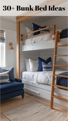 This inviting bunk room exudes a serene, nautical charm with its clean lines and elegant simplicity. The walls are covered in white shiplap, giving the room a classic yet modern feel. The bunk beds feature natural wood accents and are dressed in crisp white linens with navy blue pillows for a pop of color. Lakehouse Bunk Room, Boys Bedroom Ideas Bunk Beds, Coastal Bunk Room, Room Ideas With Bunk Beds, Bunk Bed Girls Room, Boys Room Bunk Beds, Four Bunk Beds, Bunk Bed Decor, Space Saving Bunk Bed