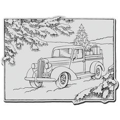 an old truck with presents on the back in front of a christmas tree and pine trees