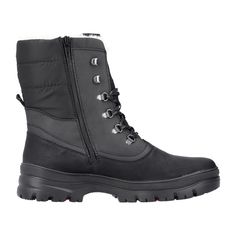 Rieker F5424-01 Men's Winter Boots in Black Rieker F5424-01 Men's Winter Boots in Black Experience ultimate comfort and style with the Rieker F5424-01 Men's Winter Boots. The high shaft lace-up boots combine cozy warmth with a fashionable look. Featuring a two-tone zipper for easy on and off, a flexible and ultra-light profile sole with a small block heel ensures comfort with every step. The G 1/2 comfort width provides ample space in the shoe. These boots are lined with plush lambswool and equipped with RiekerTex technology, making them the perfect companion for cold and wet days.   Color: Black  Heel Height: 4.8 cm  Heel Type: Block Heel  Shoe Width: Normal (G)  Season: Autumn/Winter    Material & Care:    Upper Material: Synthetic  Lining Material: Textile (warm lining)  Sole: Rubber So Winter Black Slip-resistant Work Boots, Black Slip-resistant Winter Work Boots, Black Slip-resistant Work Boots For Winter, Black Slip-resistant Winter Boots, Black Insulated Work Boots For Walking, Black Waterproof Boots With Cushioned Footbed And Round Toe, Black Waterproof Boots With Cushioned Footbed For Outdoor, Black Boots With Reinforced Toe For Cold Weather, Black Waterproof Boots With Cushioned Footbed For Outdoor Activities