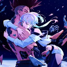 two anime characters hugging each other in front of a dark sky with stars and debris