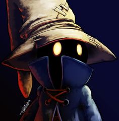 a cartoon character wearing a hat with glowing eyes