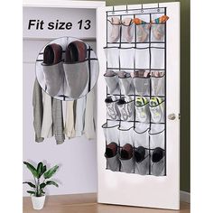 an over the door shoe rack with shoes hanging from it's sides and two pairs of socks on top