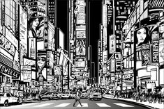 a black and white cityscape with people crossing the street