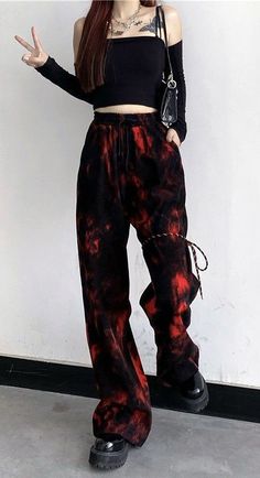 Egirl Streetwear, Grunge Harajuku, Red Tie, Soft Grunge, Parachute Pants, Black Red, Harem Pants, Harajuku, Tie Dye