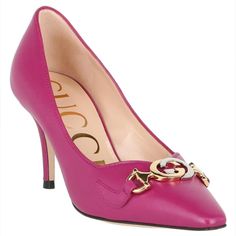 Gucci Fuchsia Leather Zumi Pumps Please Note: Due To International Manufacturing Processes, Sizes May Vary Slightly Per Style. The Addition Of Dust Bag, Care Card, Or Extra Laces Varies Per Style And May Not Be Included With This Order.Leather Upper Slip-On Pointed Toe Leather Lining Lightly Padded Footbed 3�¼" Covered Heel Leather Sole Made In Italy Gucci Pink Round Toe Heels, Gucci Pink Heels With Branded Heel Counter, Gucci Pink Evening Heels, Gucci Pink Formal Heels, Pink Gucci Heels For Evening, Pink Gucci Formal Heels, Black Lace Heels, Gladiator High Heels, Shoes Gucci