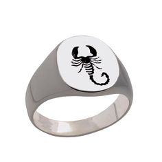 .925 sterling silver Designer's Notes This solid .925 sterling silver signet ring is etched with an astrological image of the zodiac sign of Scorpio (October 23 to November 22). Inspired by an ancient etching, it's a substantial ring, just over 10 grams of silver and sized for someone who likes bold but simple rings. It's the perfect gift for Scorpio birthdays. The ring is hand crafted using the lost wax method of casting. The original master was by hand and the ring is cast in solid sterling si Scorpio Wedding Ring, Scorpio Rings Jewelry, Scorpion Ring For Men, Scorpio Accessories, Zodiac Necklace Scorpio, Scorpio Birthday, Simple Rings, Zodiac Rings, Street Dogs