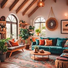 a living room filled with lots of furniture and plants on top of wooden shelves in front of large windows