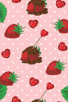 a pink background with chocolate covered strawberries and strawberrys on it's sides