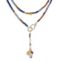 Gold & Stone Necklace - A gold clasp and beads highlight a mixed array of Sapphire, Hessonite and Tanzanite in this multi-colored stone necklace. This unique necklace doubles as a gemstone bead bracelet. The total length of 33-34.5 has 3 clasp options which are 1 inch apart, and the necklace can be worn long or wrapped for a layered look with the clasp in front. Double Wrap Necklace, Beaded Wrap Necklace, Elegant Multi-stone Beaded Necklace, Gold Stone Necklace, Dainty Gemstone Necklace, Multi Gemstone Necklace, Sodalite Necklace, Tanzanite Necklace, Moms Bracelet