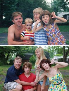 three pictures of people and one is an adult with two children in the same photo