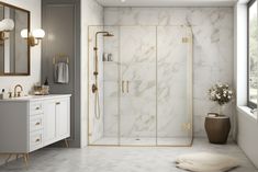 a bathroom with marble walls and flooring, including a walk in shower next to a sink