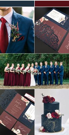 a collage of different wedding photos with red and blue colors, including the bride and groom