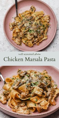 Chicken marsala pasta served in a pink plate with a fork. Non Pasta Italian Dishes, Pasta Dishes For Dinner Party, Italian Meals For Two, Marsala Pasta Recipe, Papperadelle Pasta Recipes, Chicken Marsala With Pasta, Italian Chicken Dinner Recipes, Chicken Thigh Pasta Recipes Easy, Marsala Chicken Pasta