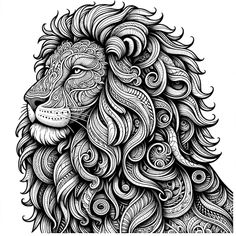 a black and white drawing of a lion's head with swirls on it