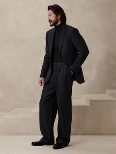 This relaxed pant is expertly cut with a wide leg and puddle hem in our signature Italian hopsack fabric, selected for its basketweave texture and exceptional drape.  Mid rise.  Wide leg with extra length for a break at the hem Responsible Wool Stand All Black Fashion Men, Minimalist Formal Outfit Men, Fear Of God Zegna, Man All Black Outfit, Wide Leg Trousers Outfit Men, Wide Pants Outfit Men, Wide Leg Pants Outfit Men, Pastor Outfit, Reiss Men