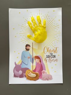 a handprinted christmas card with the birth of jesus