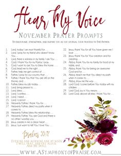 a poster with the words hear my voice and flowers in red, white and purple