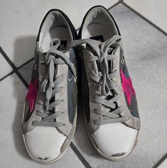 Authentic Women's Size 37 Euc, Worn 3 Times Camouflage With Pink Star Check Out My Other Listings Golden Goose Sneakers Camo, Shoes Golden Goose, Camo And Pink, Goose Shoes, Pink Star, Golden Goose Shoes, Pink Stars, Golden Goose, Camouflage