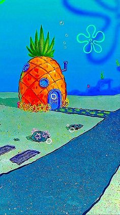 a drawing of a house with a pineapple on the roof and an ocean background