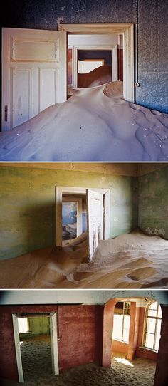 two pictures of an abandoned building with snow on the ground and open doors to another room