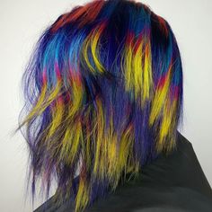 Rainbow Wolfcut, Rainbow Mullet Hair, Glitch Hair Color, Angel Ring Hair Dye, Black Hair Rainbow Bangs, Split Dyed Hair Black And Rainbow, Hair Colorful, Catty Noir, Dyed Hair Inspiration