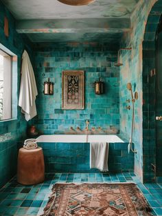 a bath room with a rug and a tub