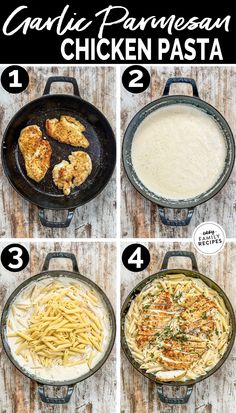 the steps to make garlic parmesan chicken pasta in a skillet with text overlay