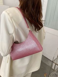 BirdinBag - Sparkling Baguette Top Handle Bag Trendy Party Baguette Shoulder Bag, Pink Rectangular Shoulder Bag With Single Handle, Large Capacity Pink Shoulder Bag For Evening, Pink Large Capacity Shoulder Bag For Evening, Pink Large Capacity Evening Shoulder Bag, Party Crossbody Baguette Bag With Adjustable Strap, Large Capacity Rectangular Baguette Bag For Party, Rectangular Baguette Bag For Party With Large Capacity, Pink Baguette Bag For Shopping